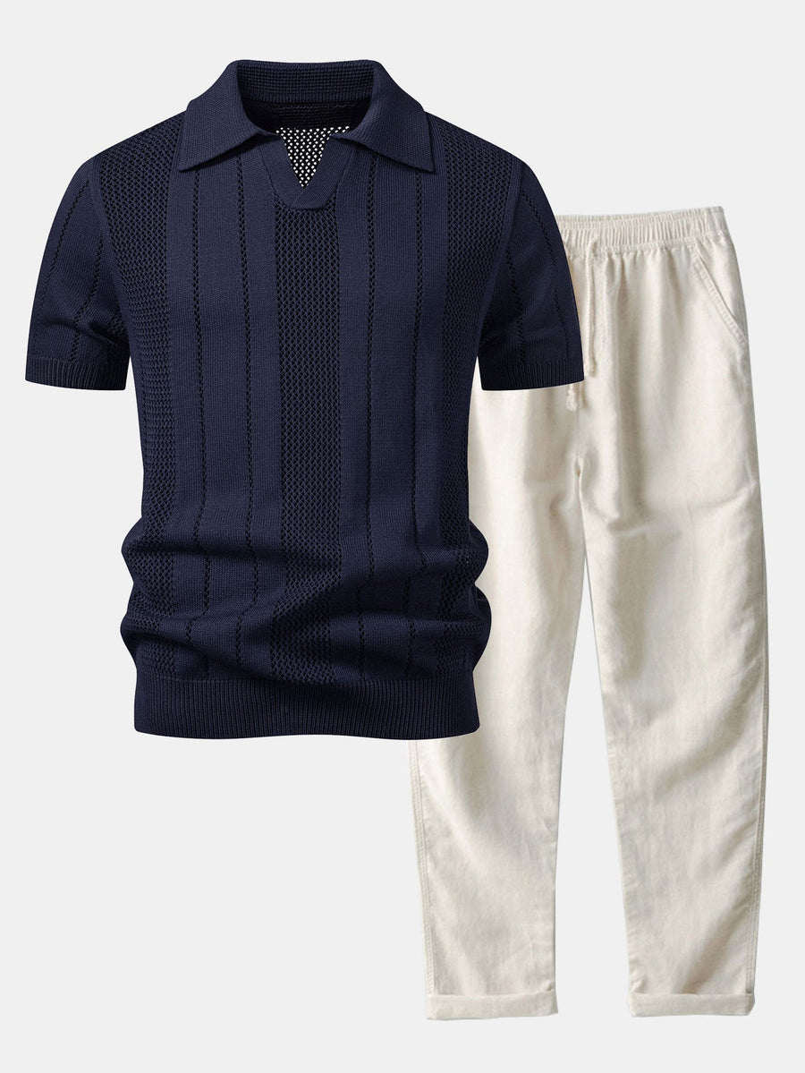 Johnny Collar Striped Open Knit Polo & Straight Leg Linen Pants