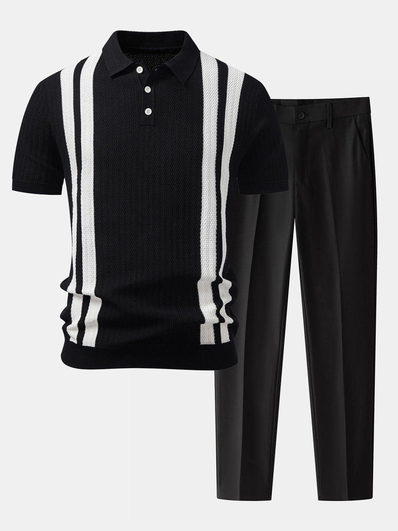 Contrast Textured Knit Polo & Slim Fit Tapered Trousers