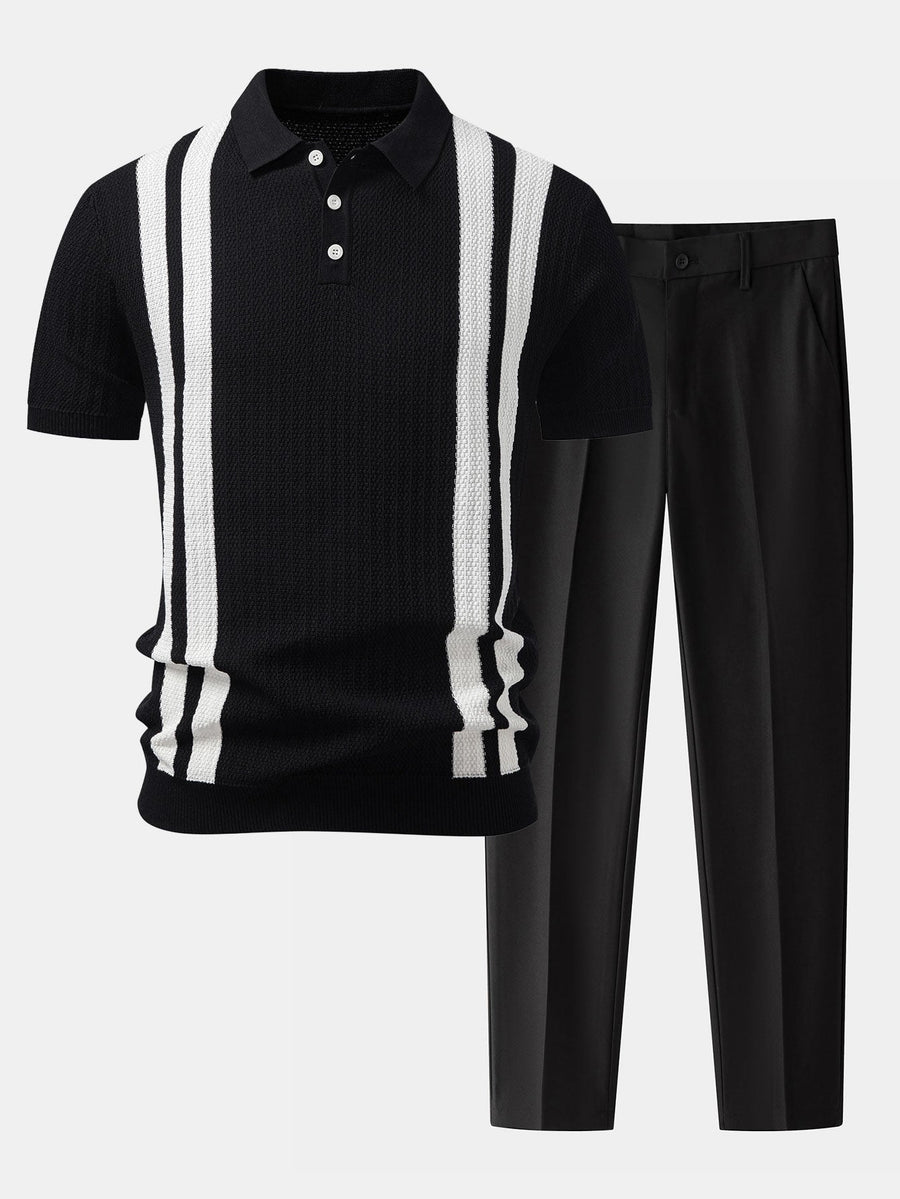 Contrast Textured Knit Polo & Slim Fit Tapered Trousers