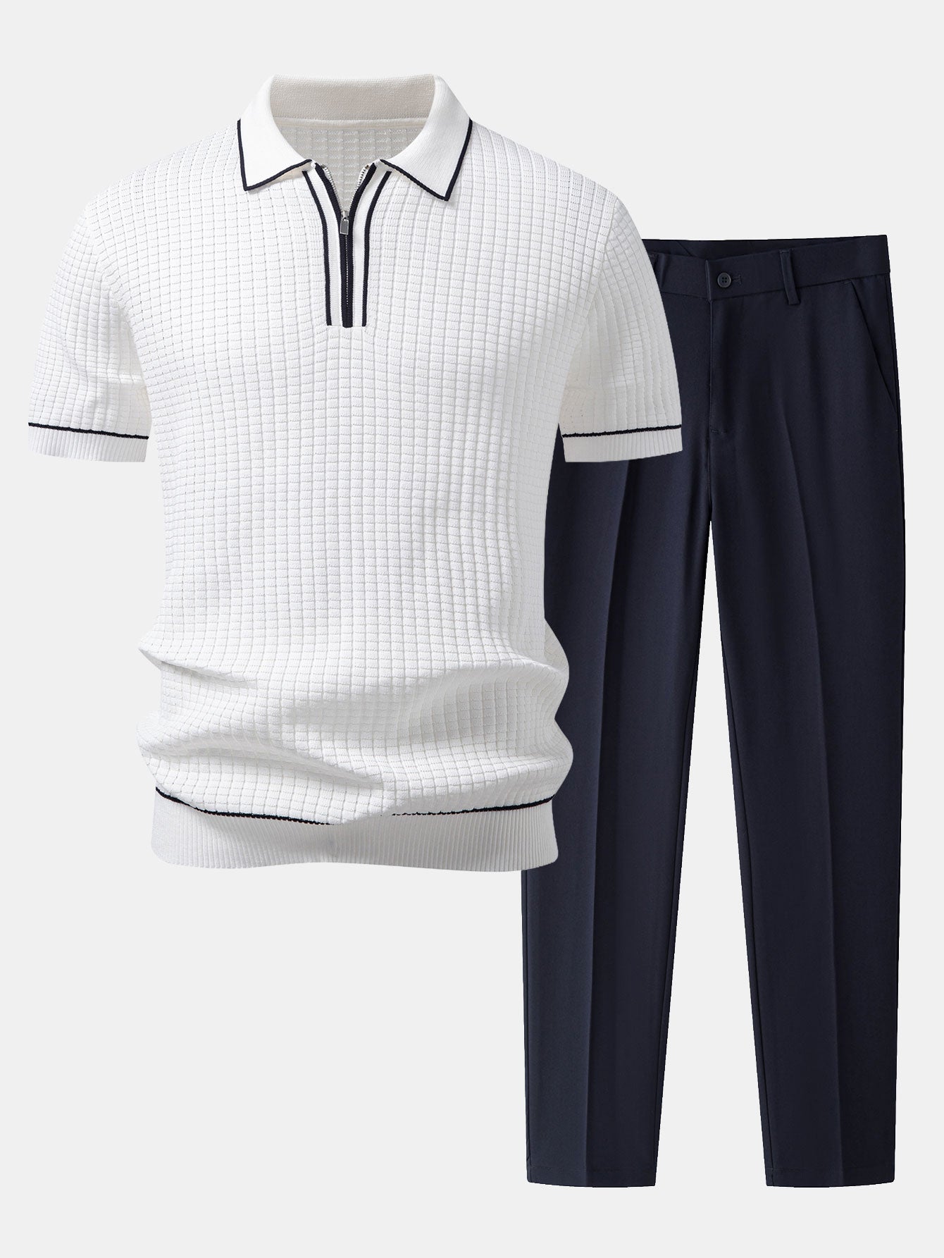 Contrast Trim Waffle Zipper Knit Polo & Slim Fit Tapered Trousers