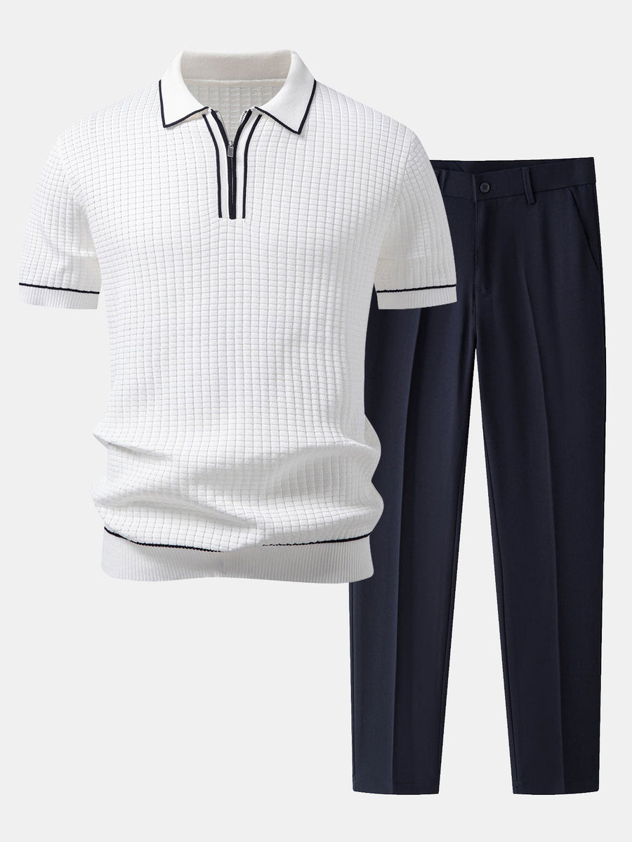 Contrast Trim Waffle Zipper Knit Polo & Slim Fit Tapered Trousers