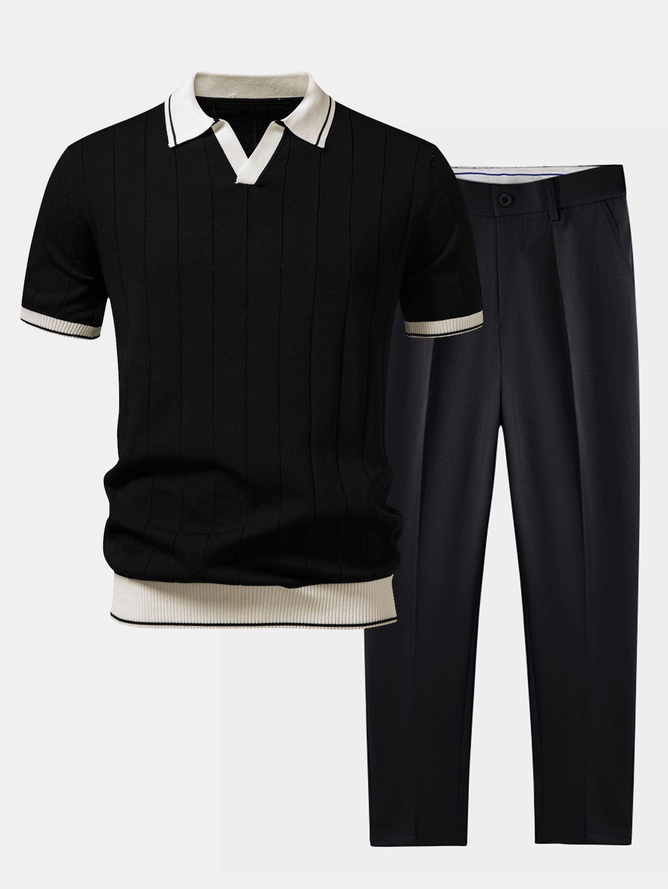 Contrast Trim Ribbed Johnny Collar Knit Polo & Slim Fit Tapered Trousers