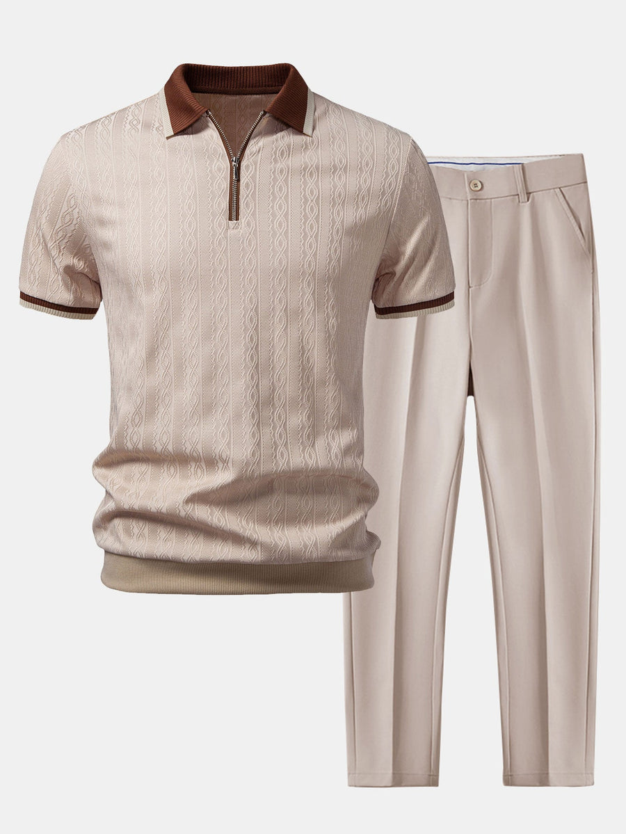 Contrast Trim Textured Zipper Knit Polo & Slim Fit Tapered Trousers