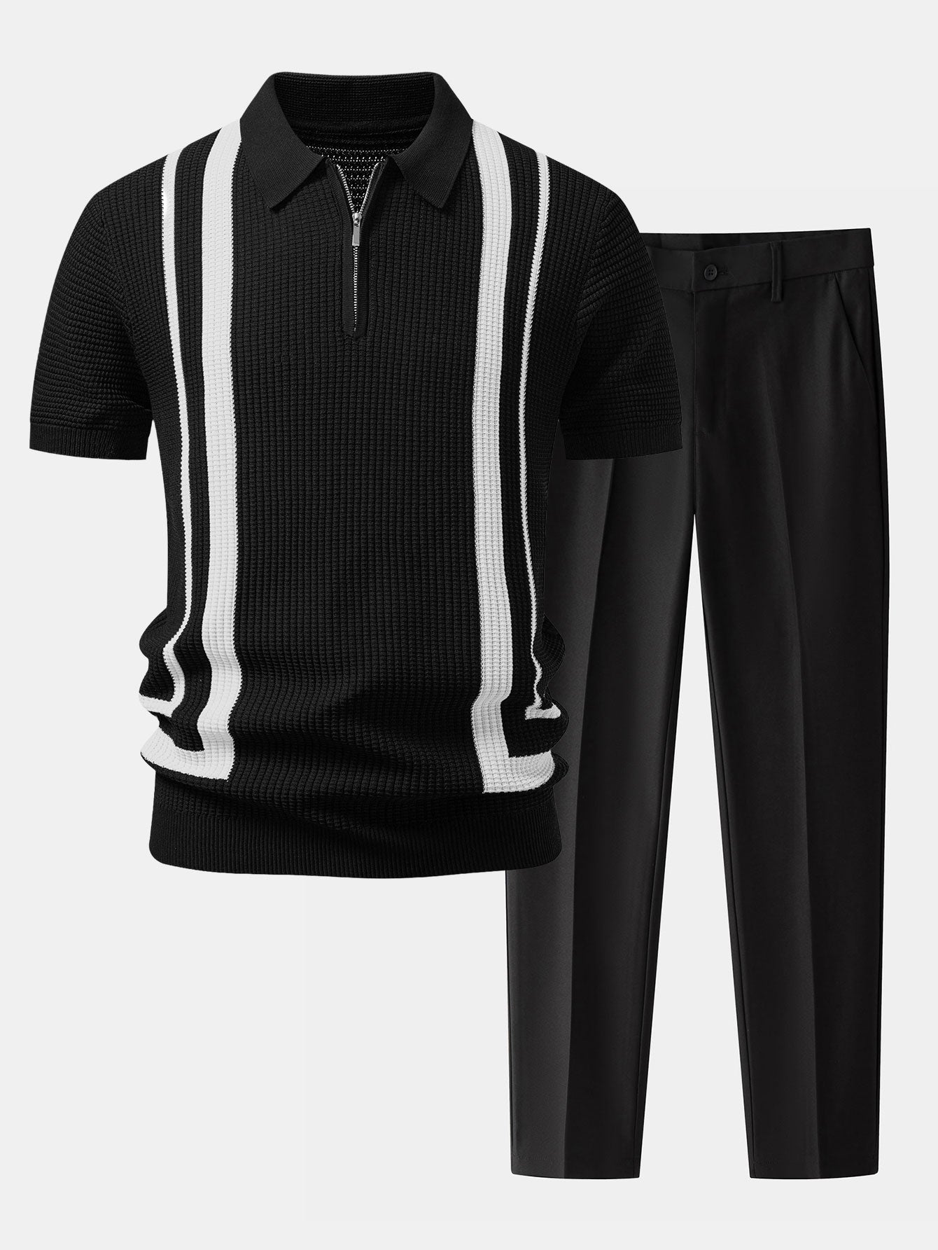 Contrast Waffle Zipper Knit Polo & Slim Fit Tapered Trousers