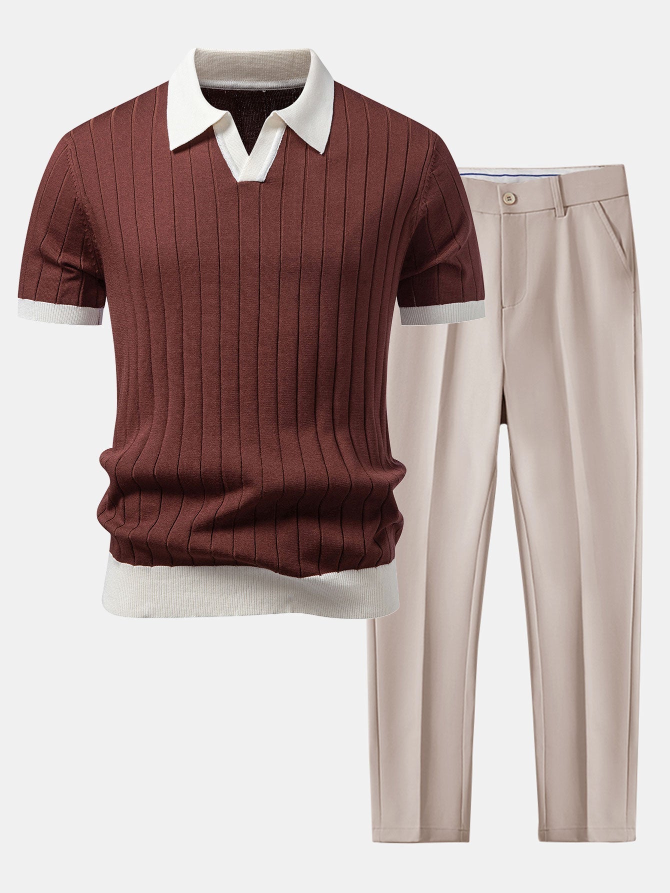Contrast Trim Stripe Johnny Collar Polo & Slim Fit Tapered Trousers