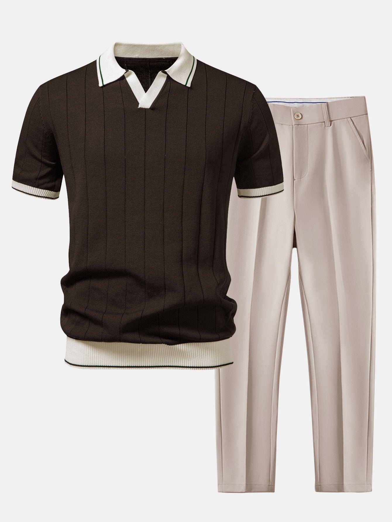 Contrast Trim Ribbed Johnny Collar Knit Polo & Slim Fit Tapered Trousers