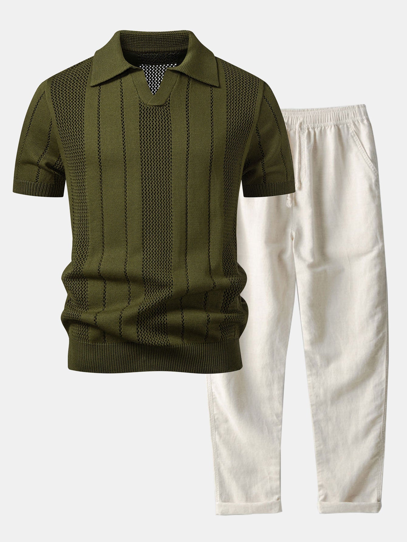 Johnny Collar Striped Open Knit Polo & Straight Leg Linen Pants