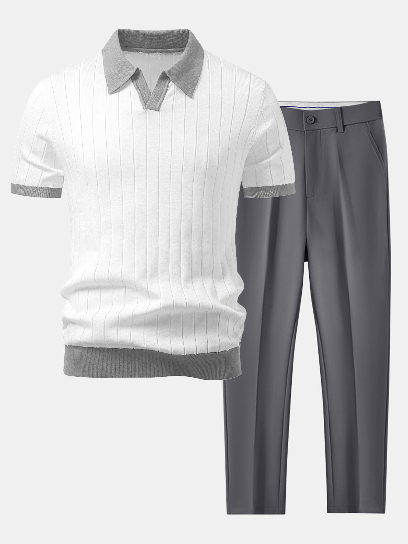 Contrast Trim Stripe Johnny Collar Polo & Slim Fit Tapered Trousers