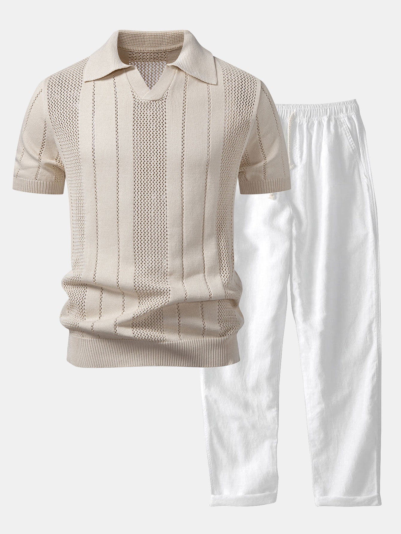 Johnny Collar Striped Open Knit Polo & Straight Leg Linen Pants