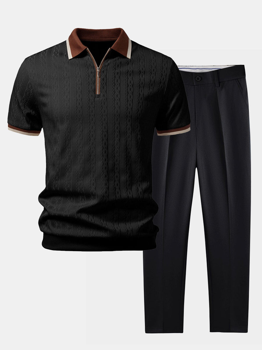 Contrast Trim Textured Zipper Knit Polo & Slim Fit Tapered Trousers