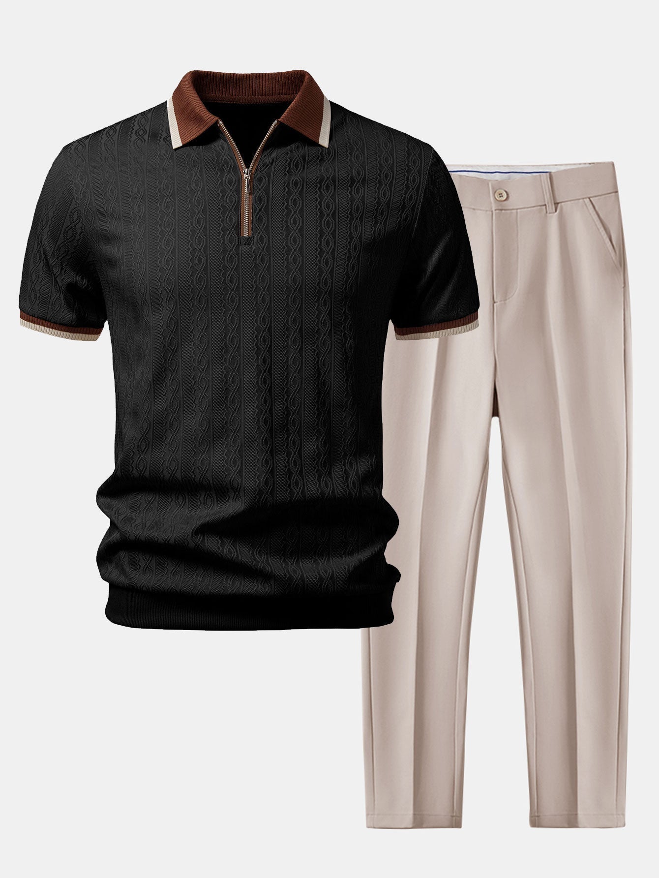 Contrast Trim Textured Zipper Knit Polo & Slim Fit Tapered Trousers