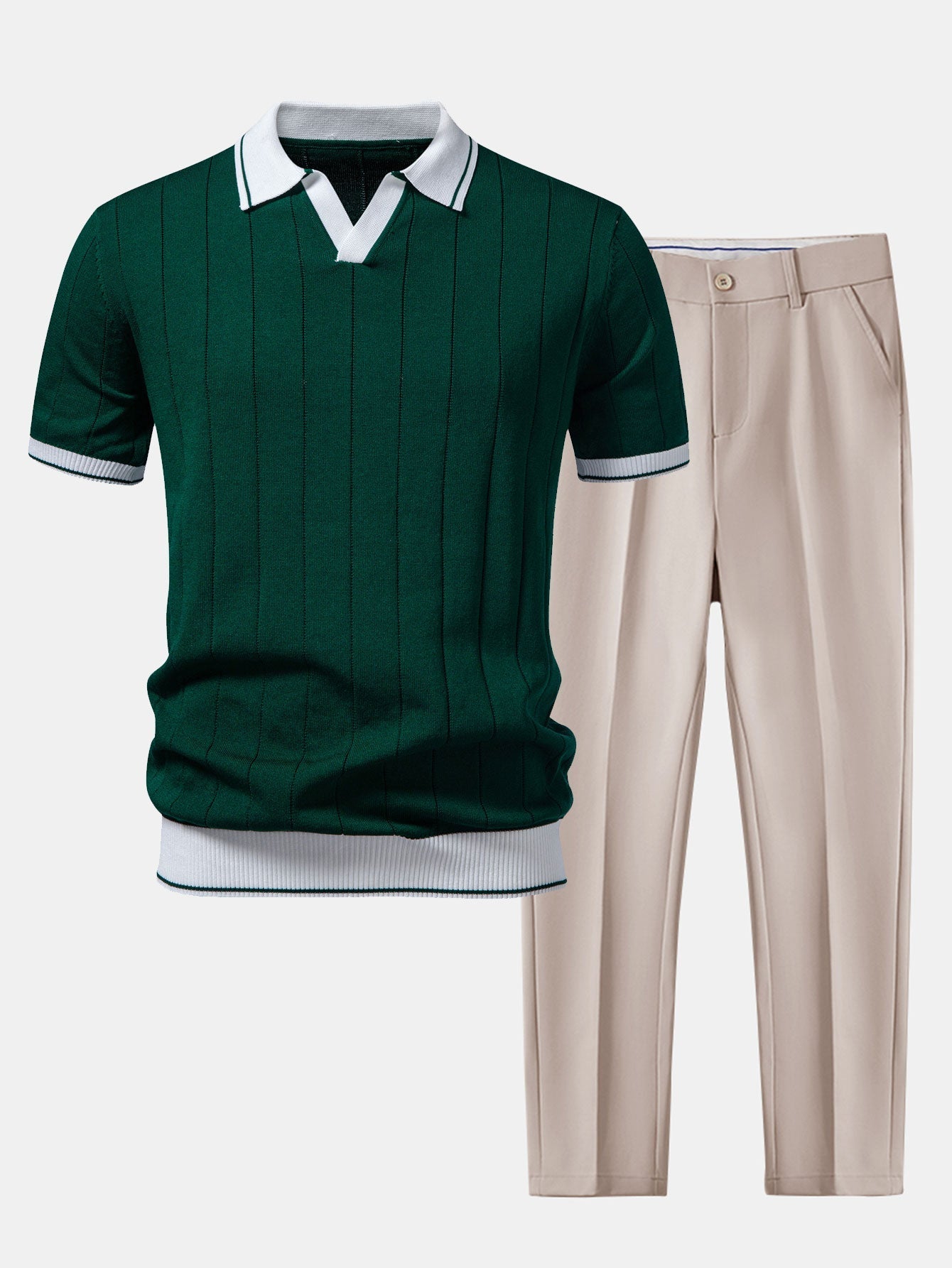 Contrast Trim Ribbed Johnny Collar Knit Polo & Slim Fit Tapered Trousers
