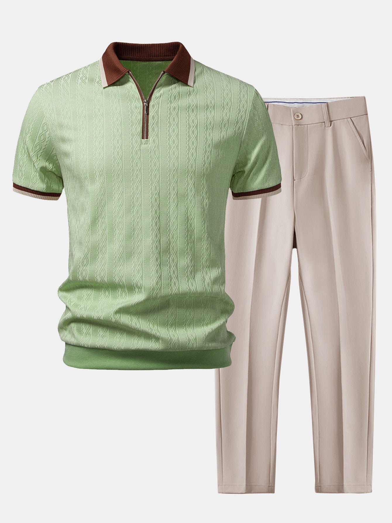 Contrast Trim Textured Zipper Knit Polo & Slim Fit Tapered Trousers