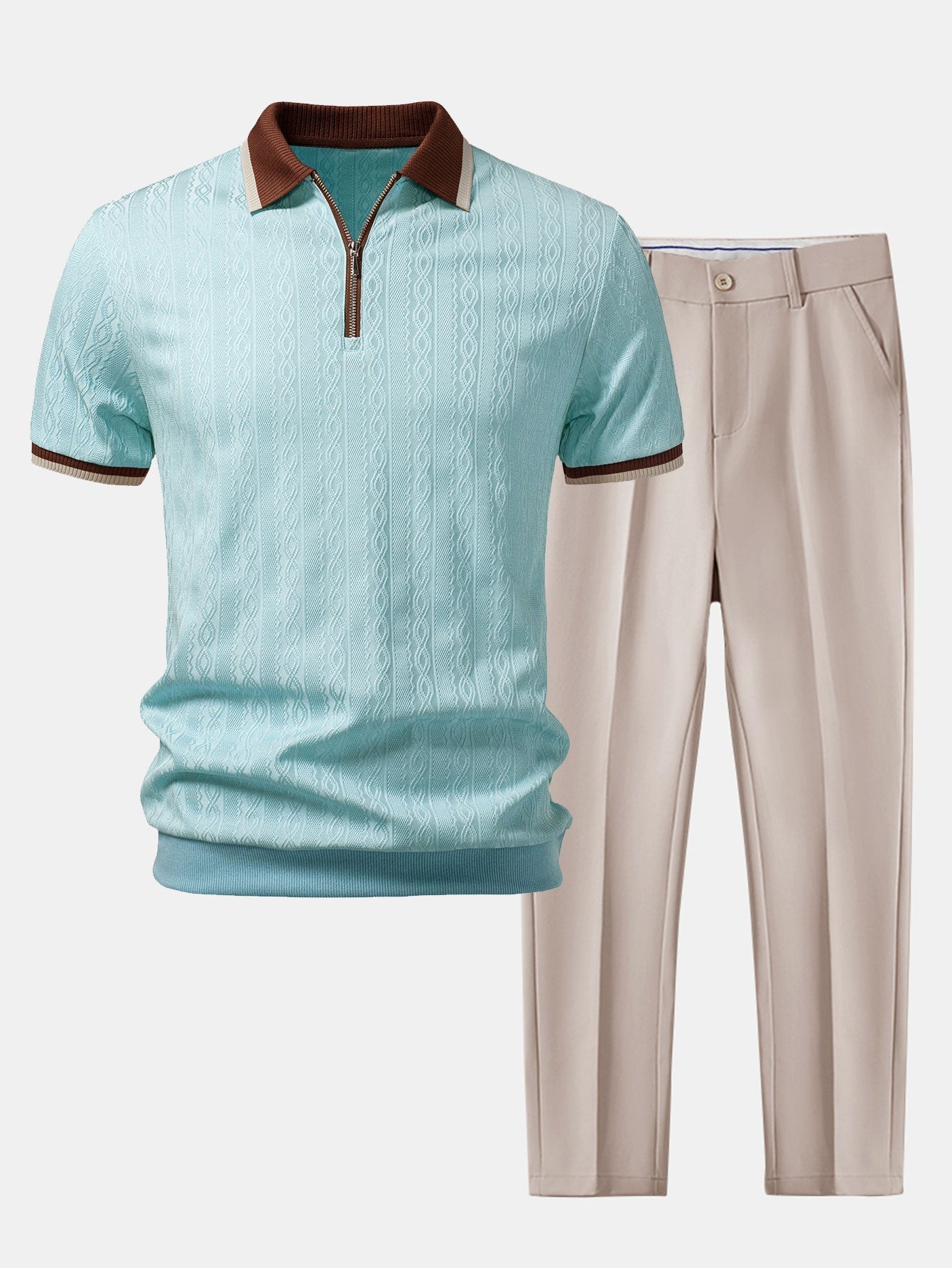 Contrast Trim Textured Zipper Knit Polo & Slim Fit Tapered Trousers
