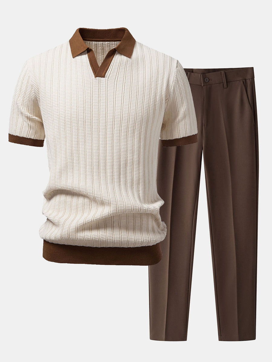 Contrast Textured Johnny Collar Polo & Slim Fit Tapered Trousers