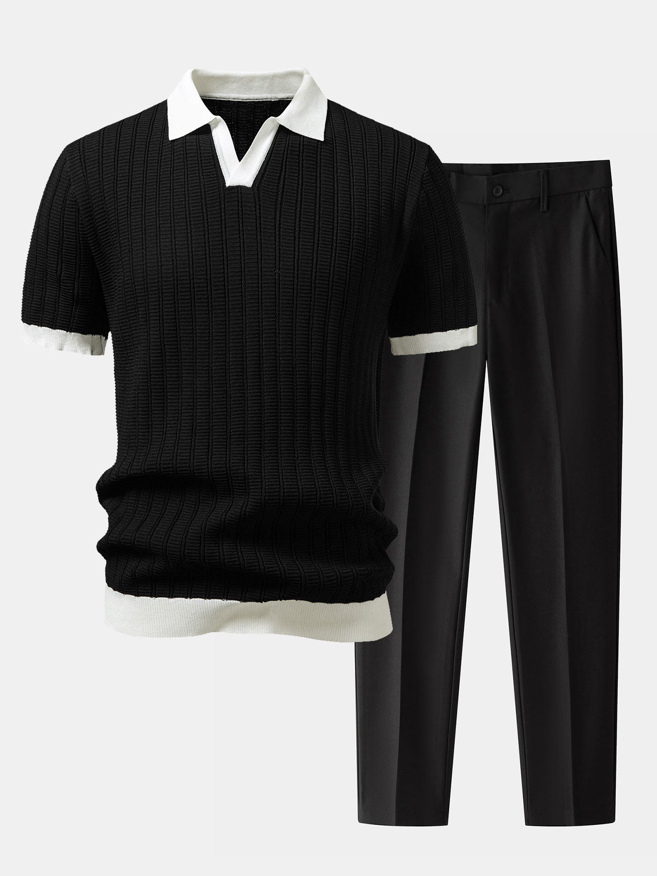 Contrast Textured Johnny Collar Polo & Slim Fit Tapered Trousers