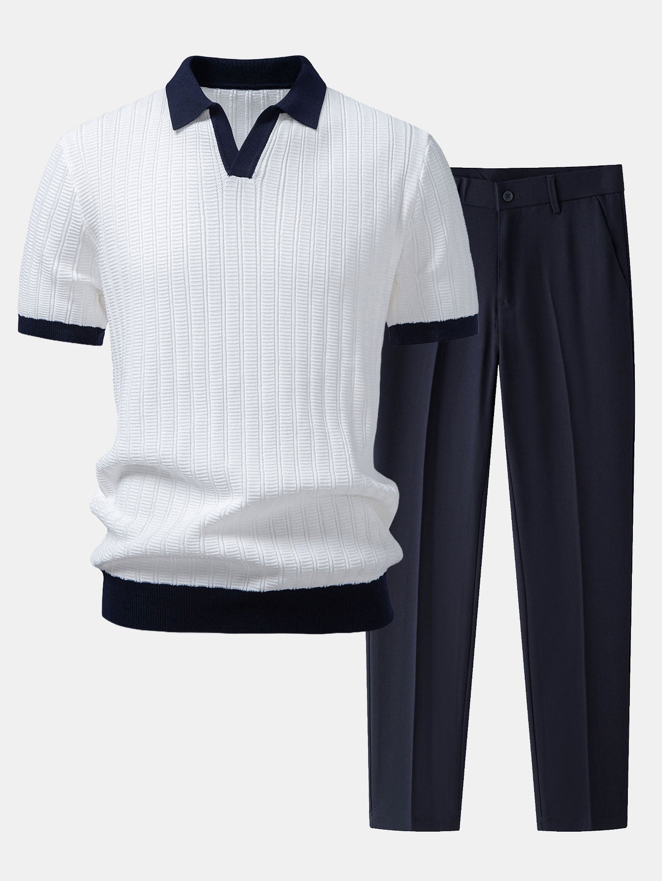 Contrast Textured Johnny Collar Polo & Slim Fit Tapered Trousers