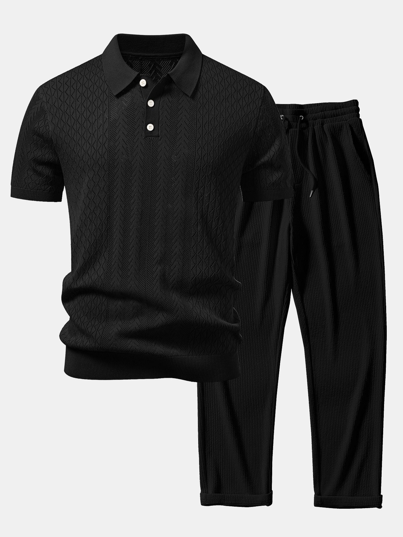 Geometric Jacquard Open Knit Polo & Straight Leg Ribbed Pants