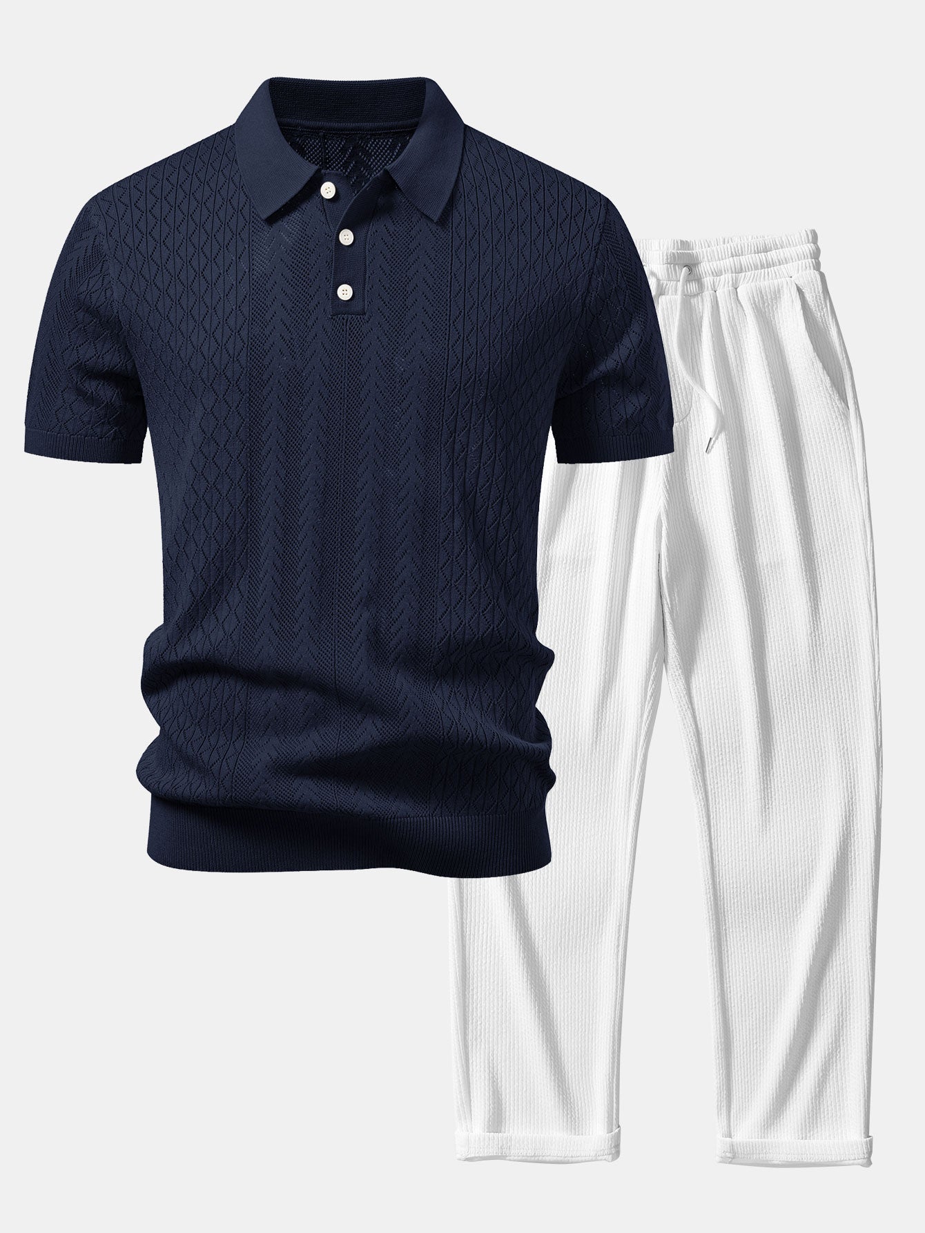 Geometric Jacquard Open Knit Polo & Straight Leg Ribbed Pants