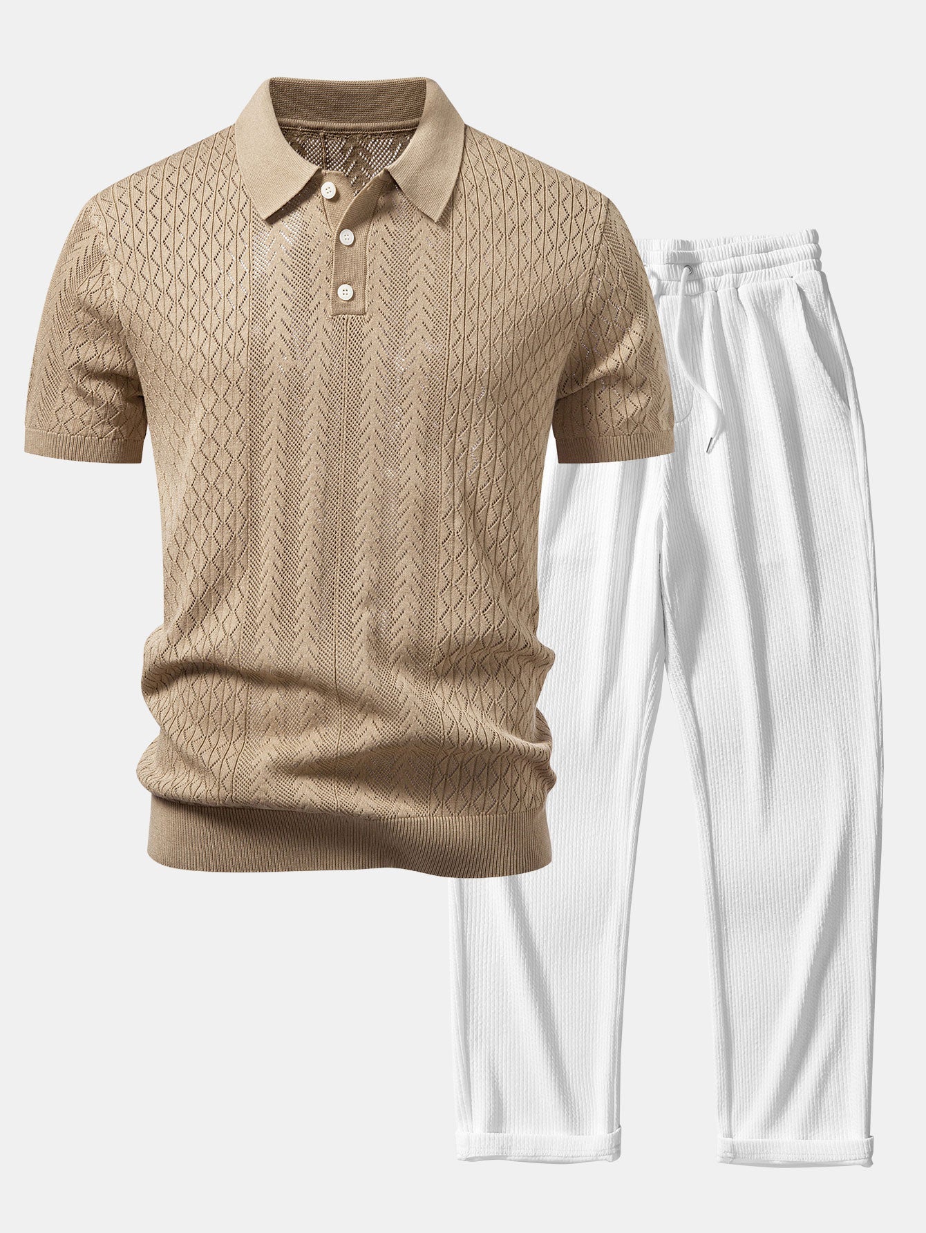 Geometric Jacquard Open Knit Polo & Straight Leg Ribbed Pants