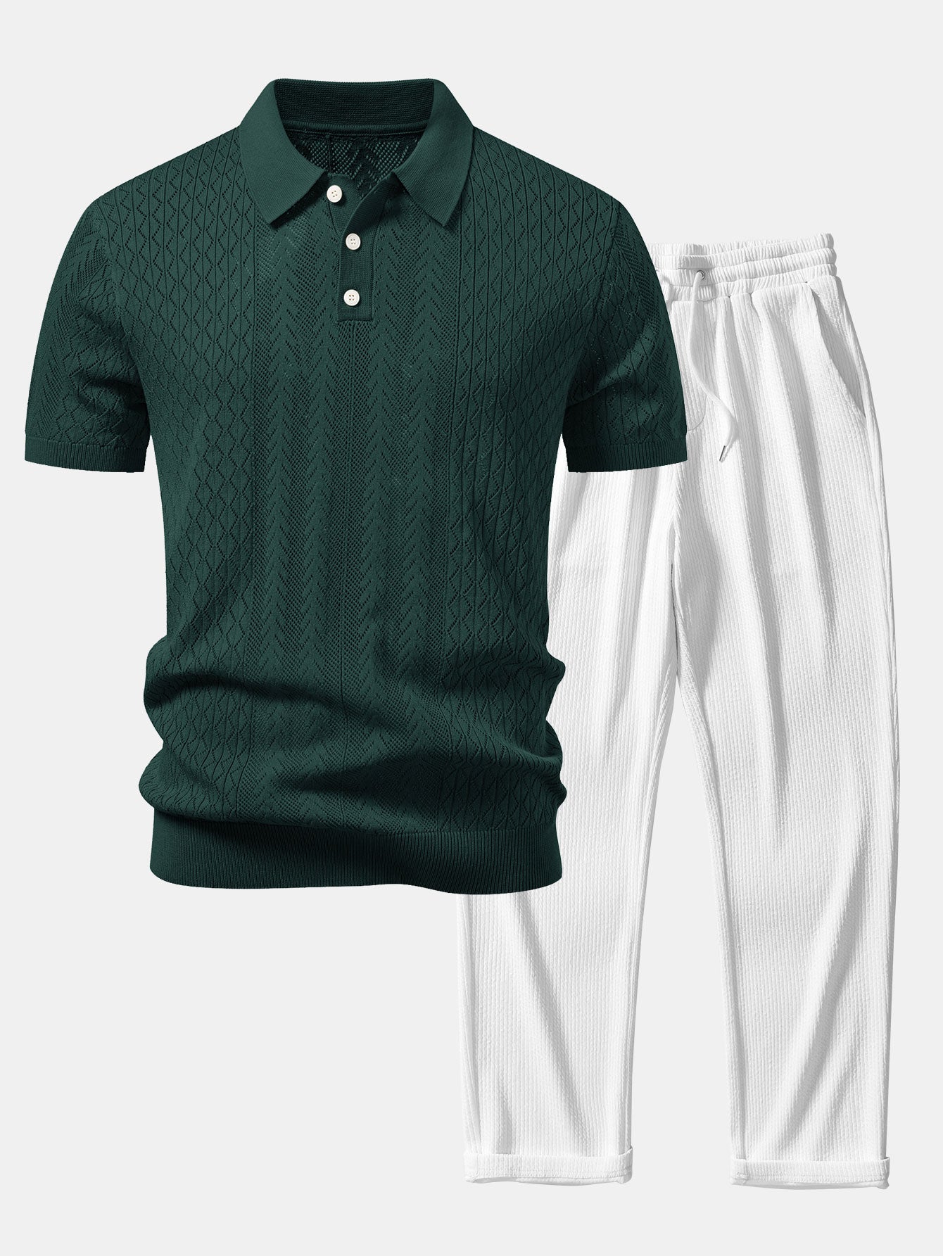 Geometric Jacquard Open Knit Polo & Straight Leg Ribbed Pants