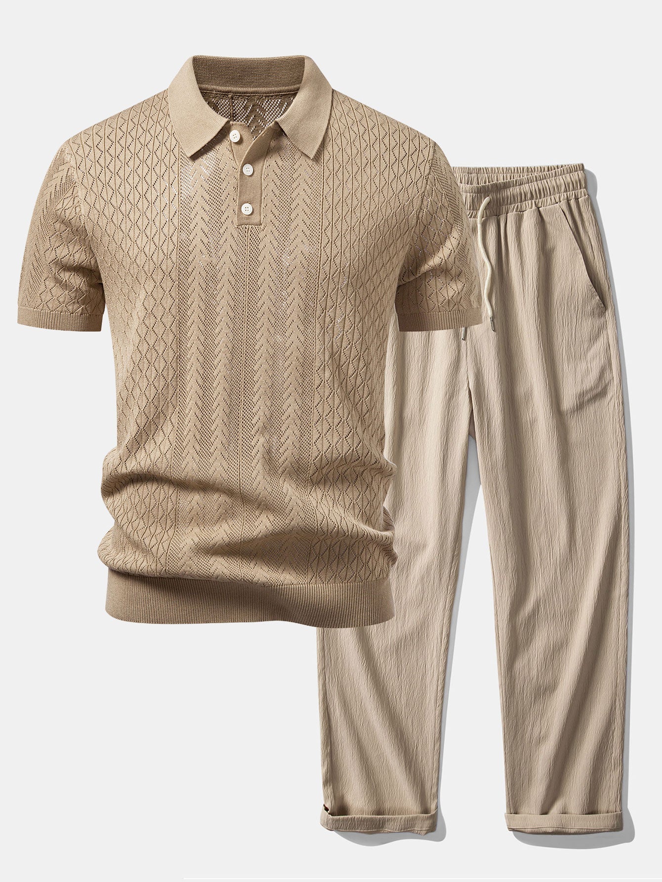 Geometric Jacquard Open Knit Polo & Crinkle Textured Straight Leg Pants
