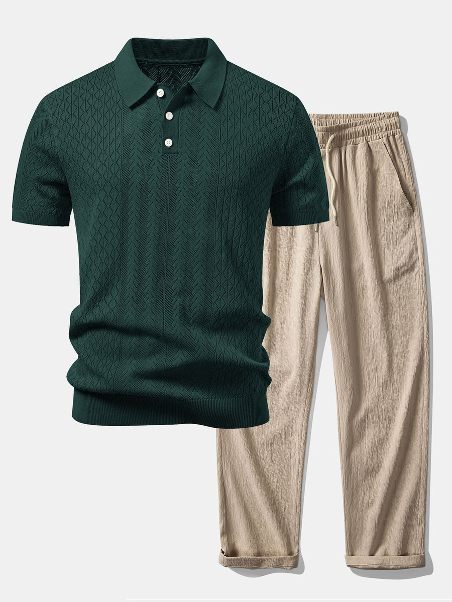 Geometric Jacquard Open Knit Polo & Crinkle Textured Straight Leg Pants