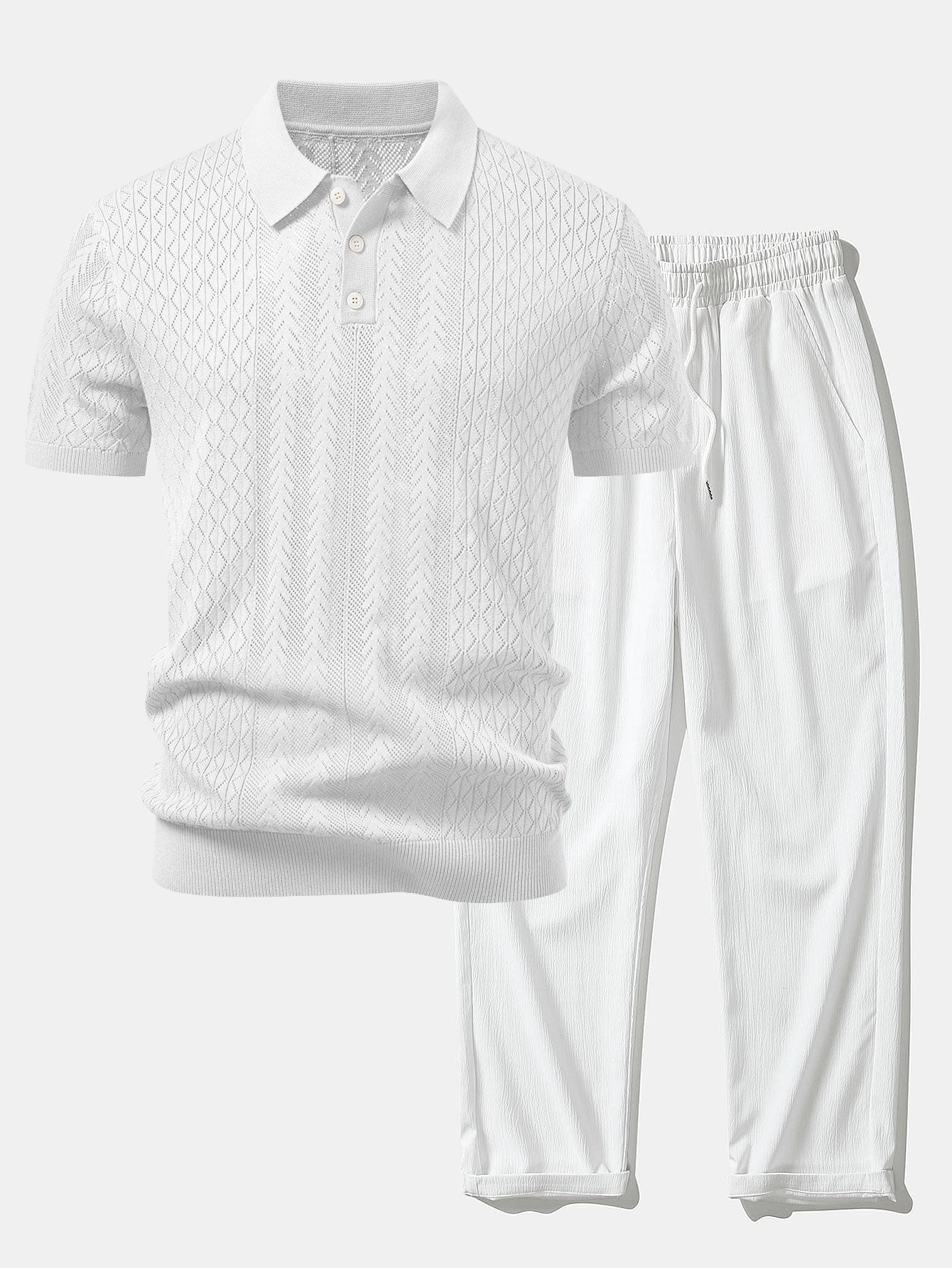 Geometric Jacquard Open Knit Polo & Crinkle Textured Straight Leg Pants