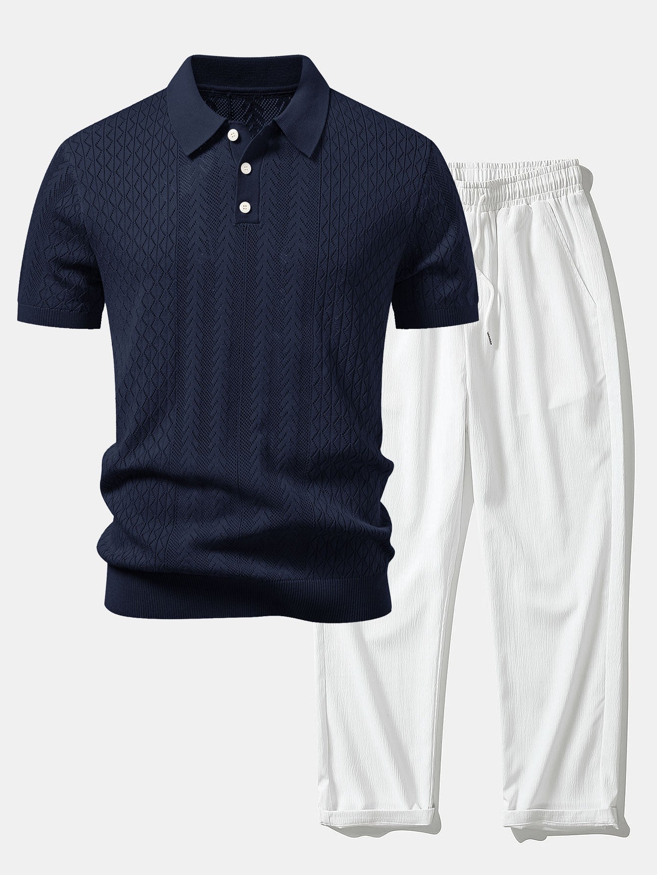 Geometric Jacquard Open Knit Polo & Crinkle Textured Straight Leg Pants