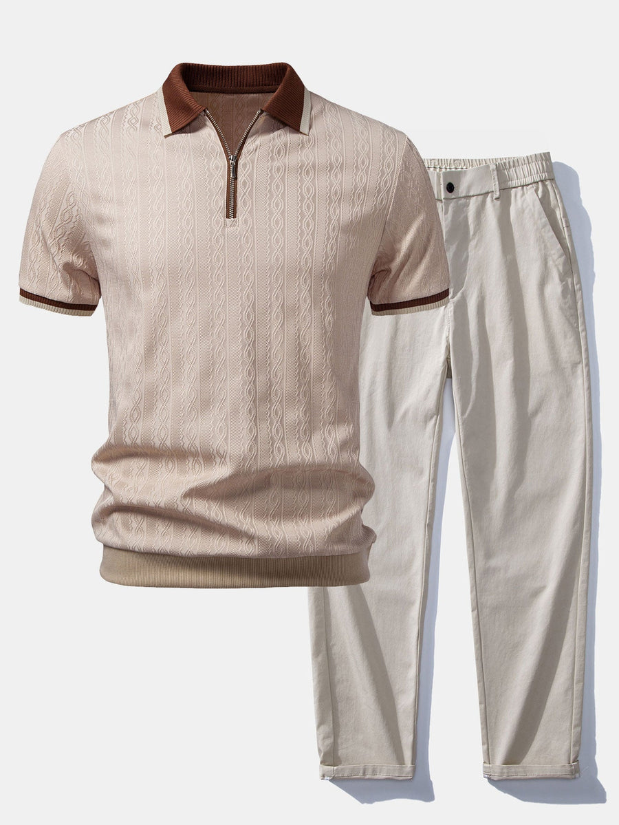 Contrast Trim Textured Zipper Knit Polo & Elastic Waist Straight Leg Trousers