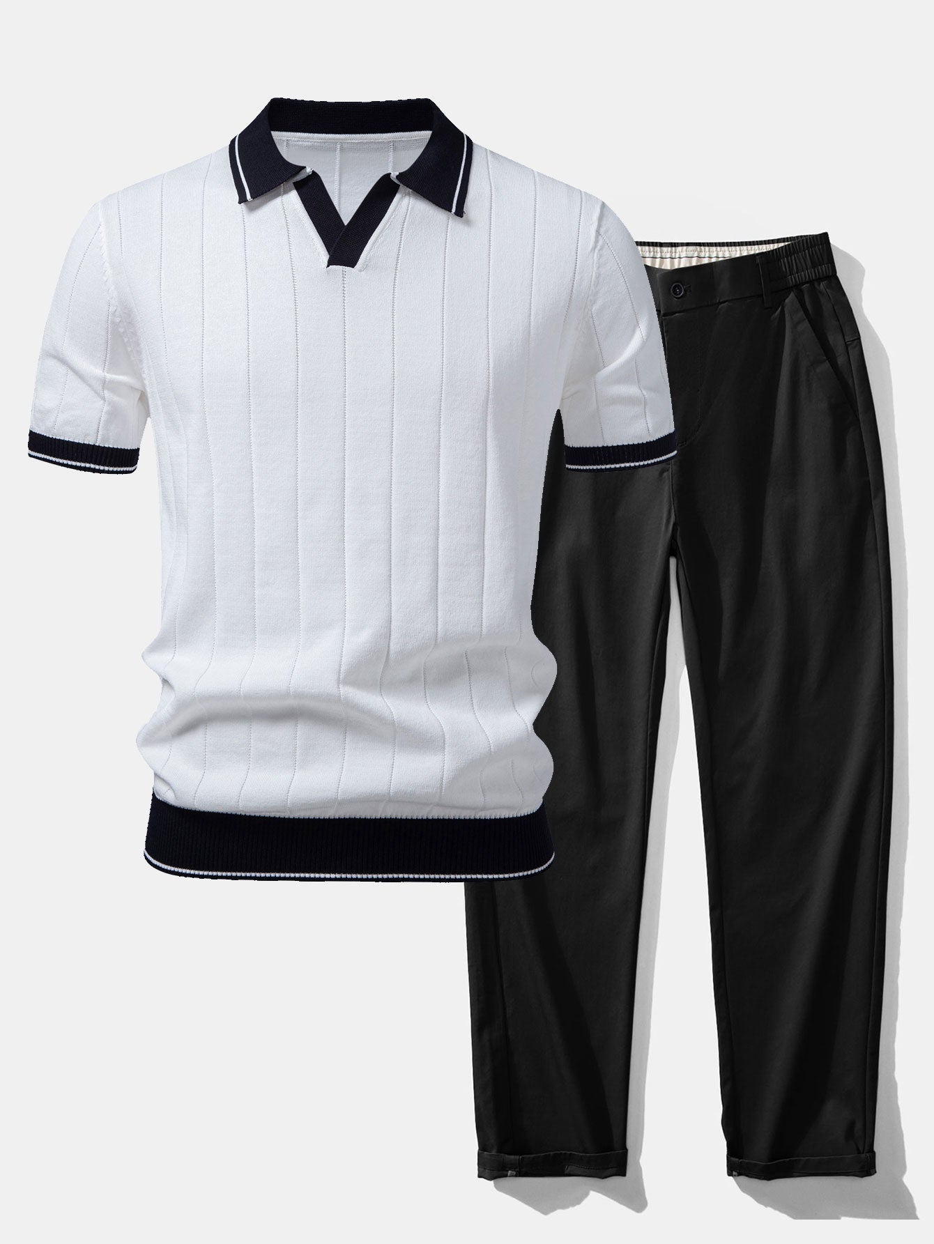 Contrast Trim Ribbed Johnny Collar Knit Polo & Elastic Waist Straight Leg Trousers
