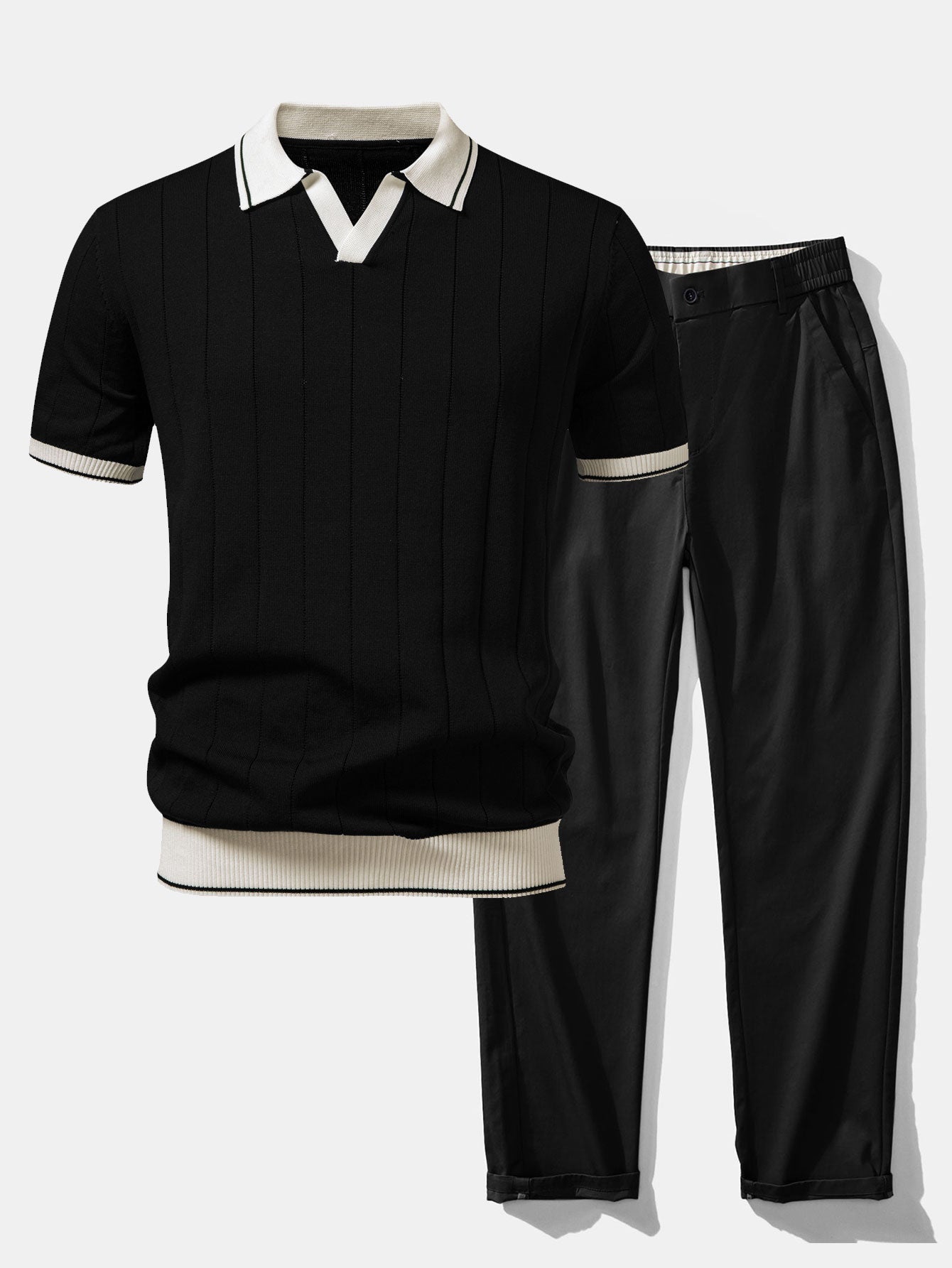 Contrast Trim Ribbed Johnny Collar Knit Polo & Elastic Waist Straight Leg Trousers