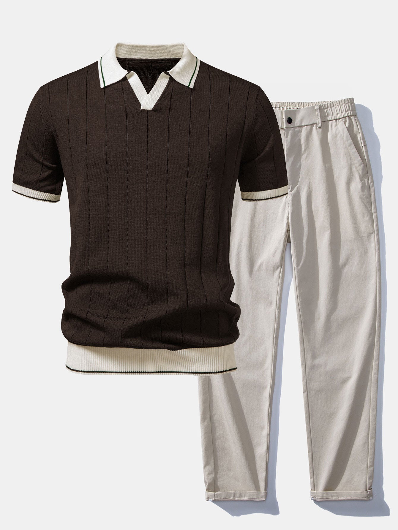 Contrast Trim Ribbed Johnny Collar Knit Polo & Elastic Waist Straight Leg Trousers