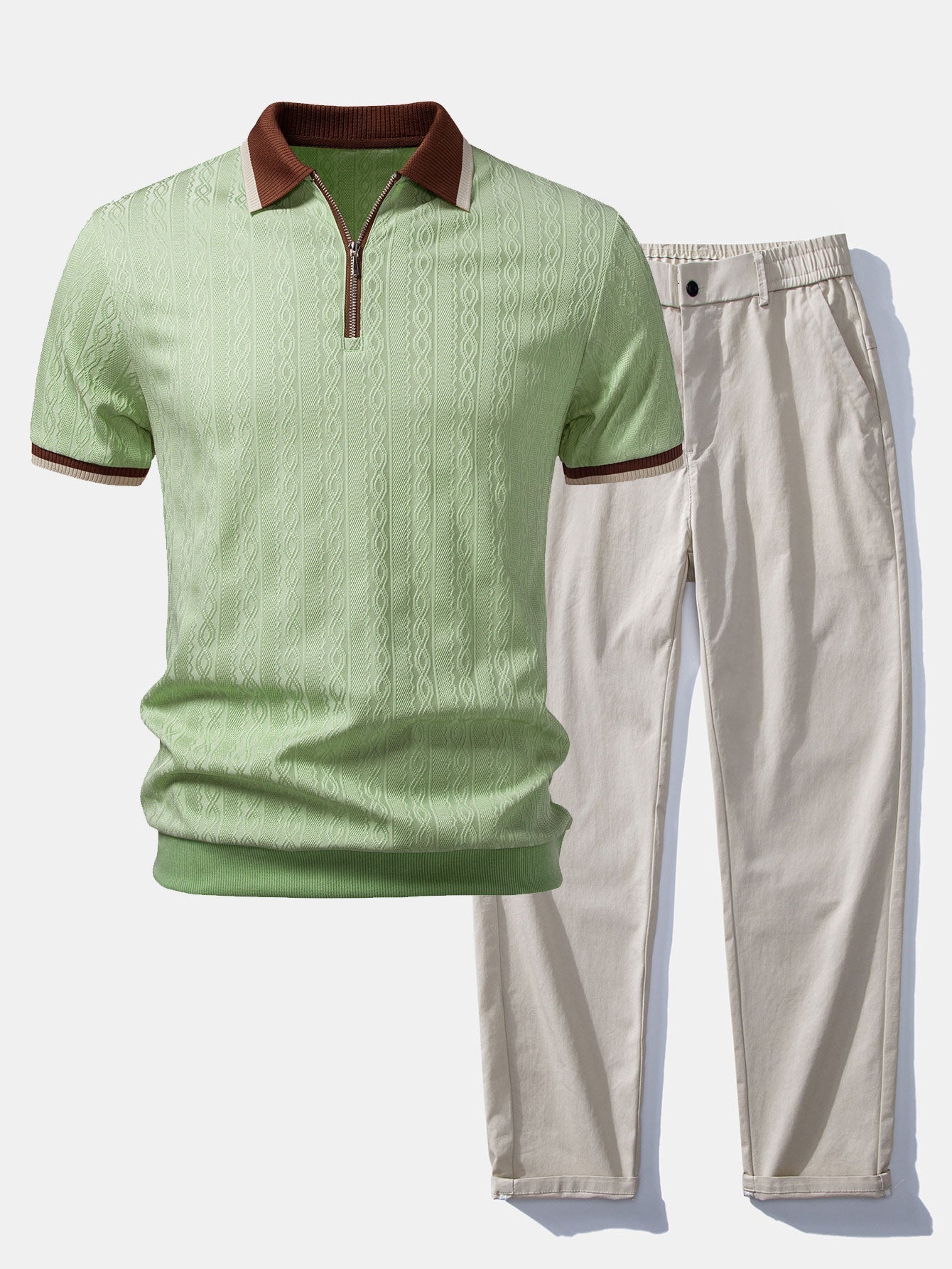 Contrast Trim Textured Zipper Knit Polo & Elastic Waist Straight Leg Trousers