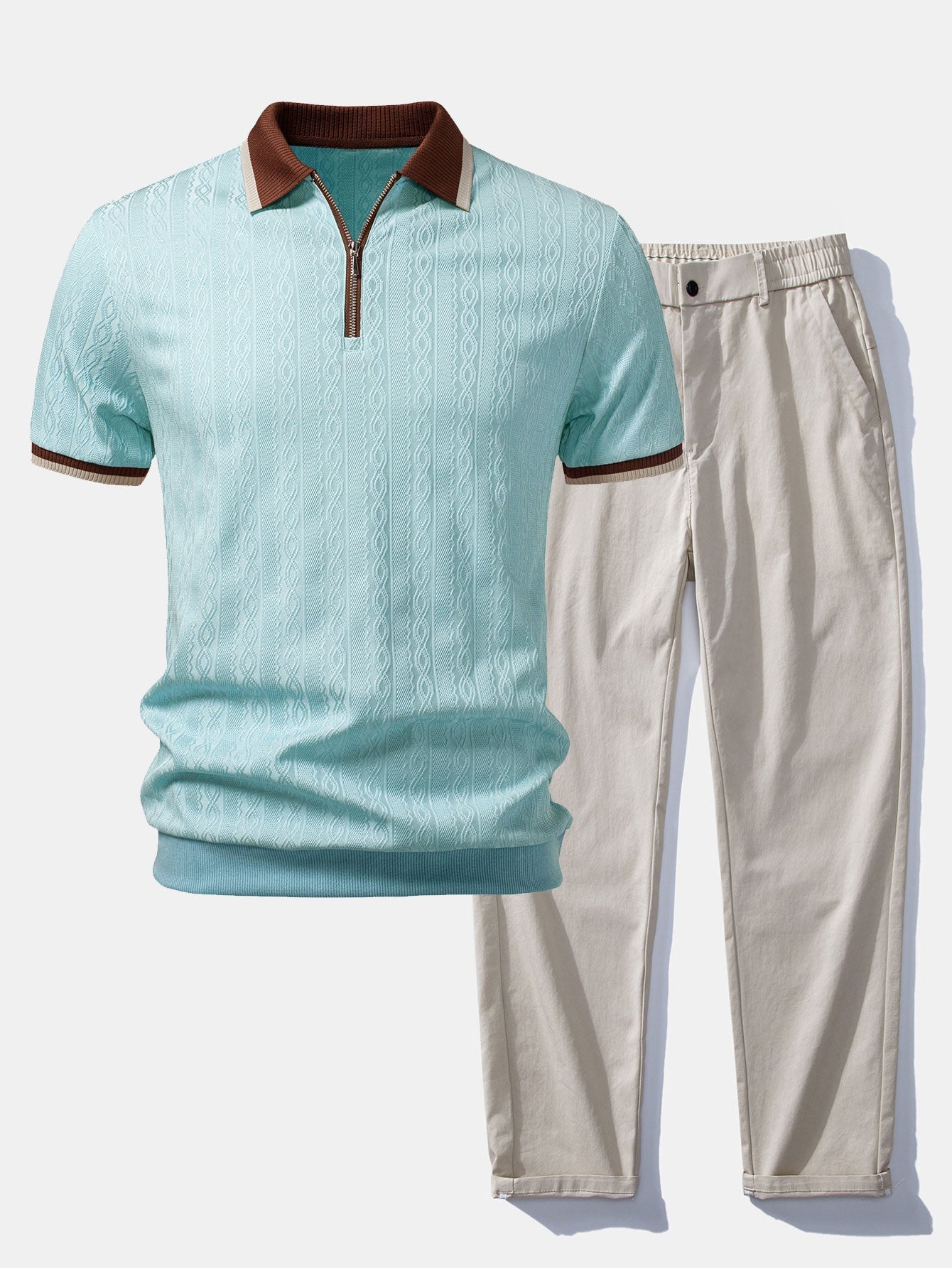 Contrast Trim Textured Zipper Knit Polo & Elastic Waist Straight Leg Trousers