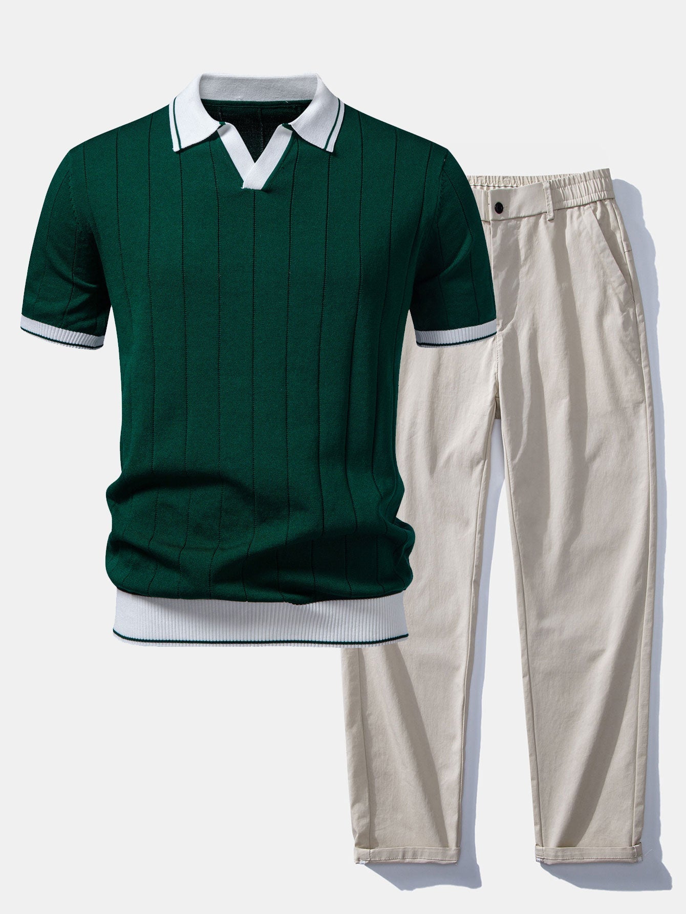 Contrast Trim Ribbed Johnny Collar Knit Polo & Elastic Waist Straight Leg Trousers