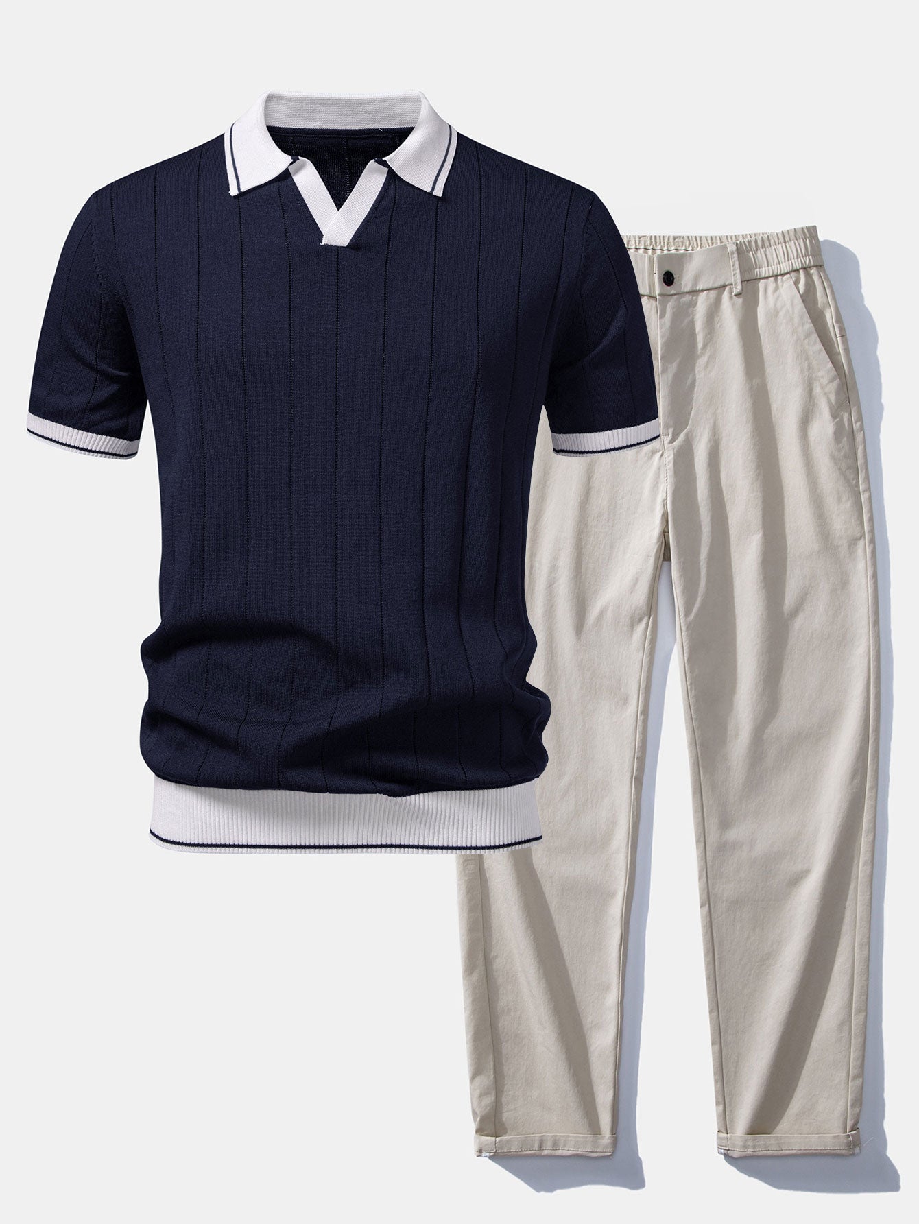 Contrast Trim Ribbed Johnny Collar Knit Polo & Elastic Waist Straight Leg Trousers