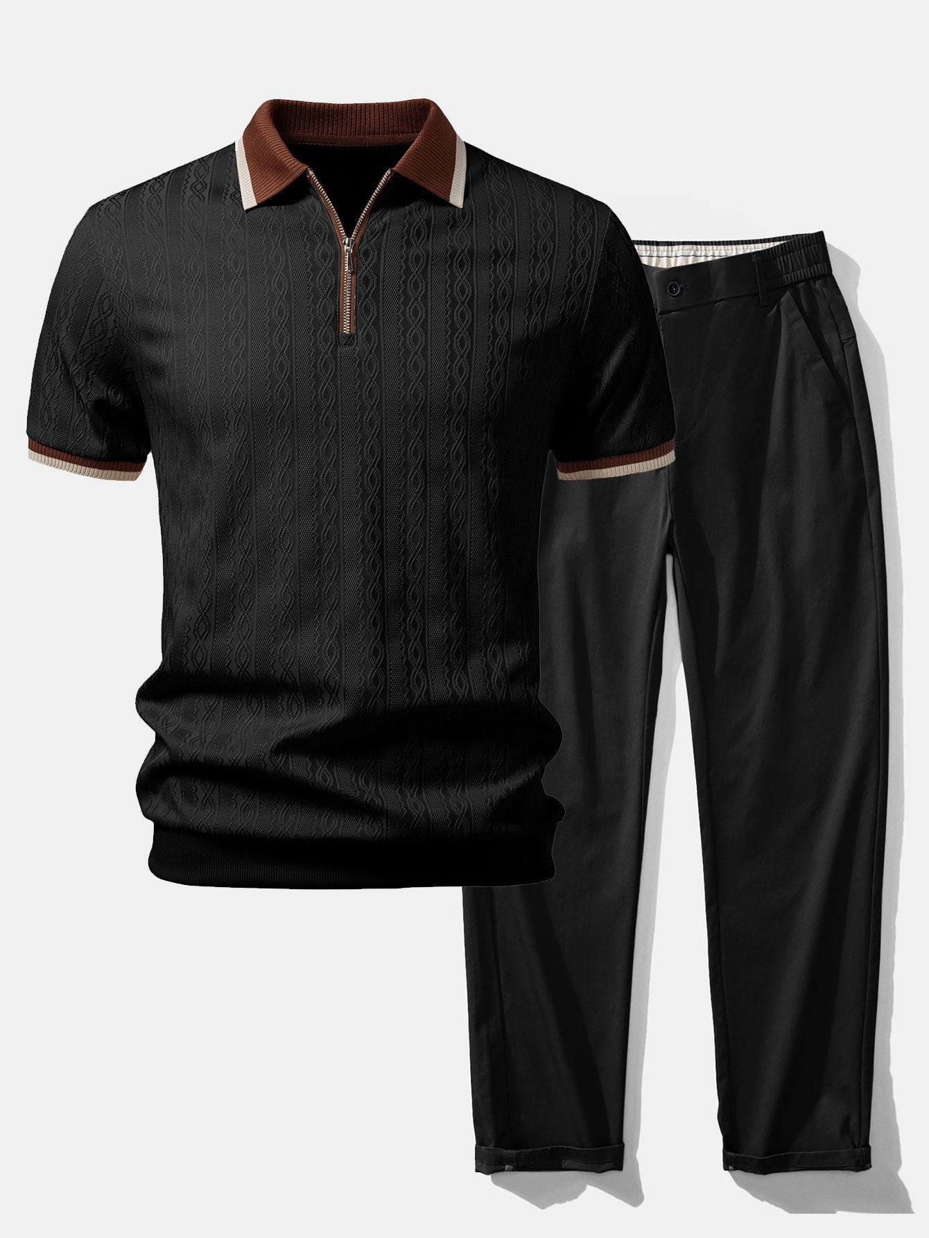 Contrast Trim Textured Zipper Knit Polo & Elastic Waist Straight Leg Trousers
