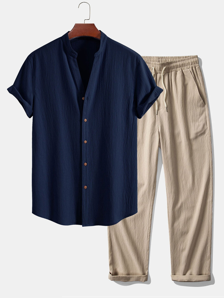 Gerimpelde textuur<tc>rood</tc> V-hals shirt &amp; kreuk textuur<tc>rood</tc> Rechte broek