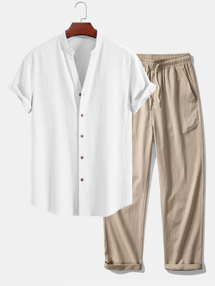 Gerimpelde textuur<tc>rood</tc> V-hals shirt &amp; kreuk textuur<tc>rood</tc> Rechte broek