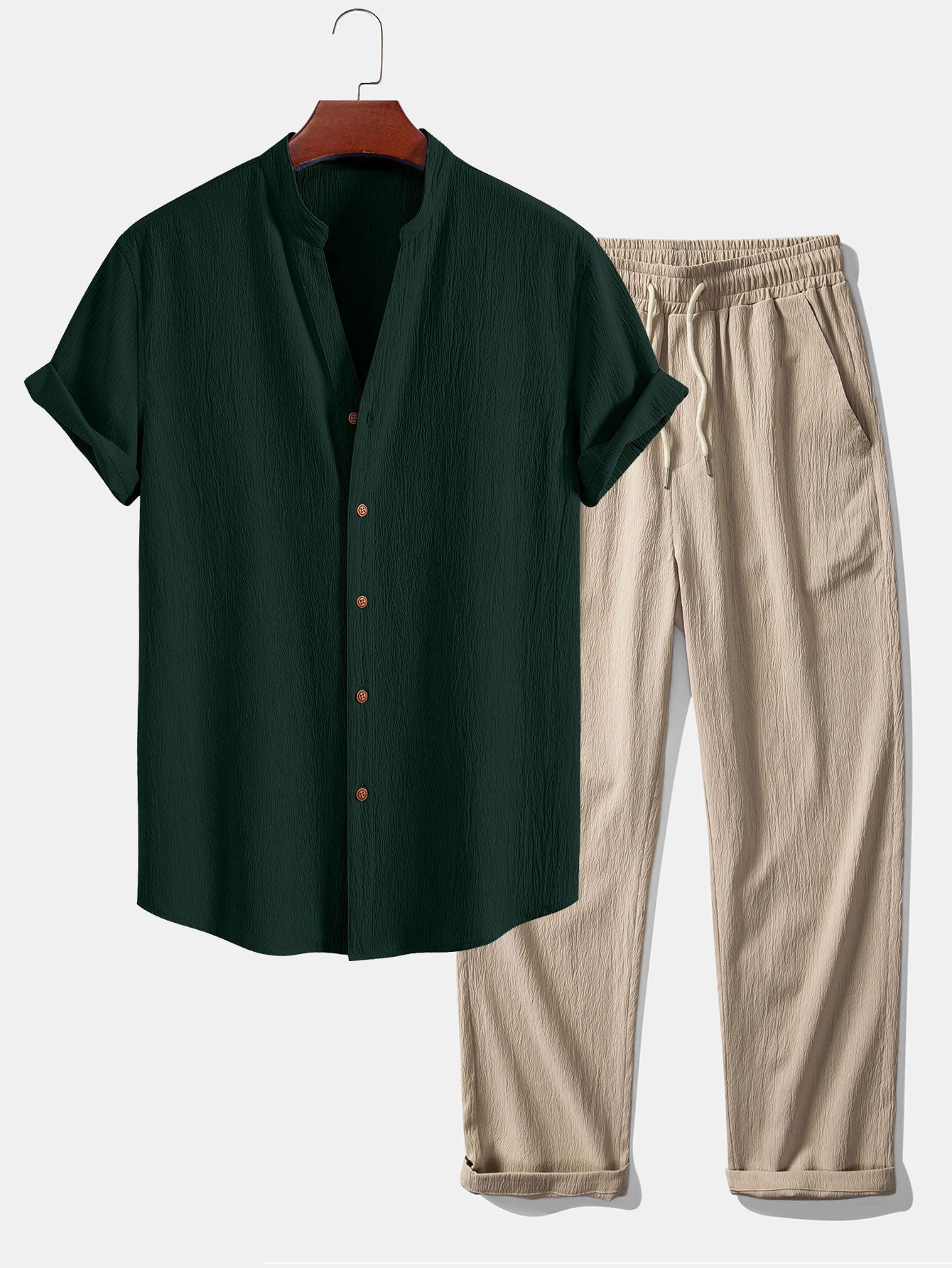 Gerimpelde textuur<tc>rood</tc> V-hals shirt &amp; kreuk textuur<tc>rood</tc> Rechte broek