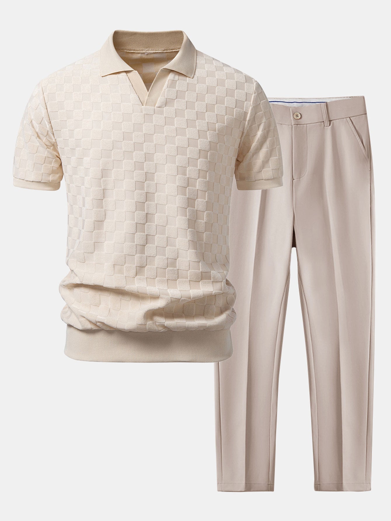Checkerboard V-Neck Knit Polo & Slim Fit Tapered Trousers