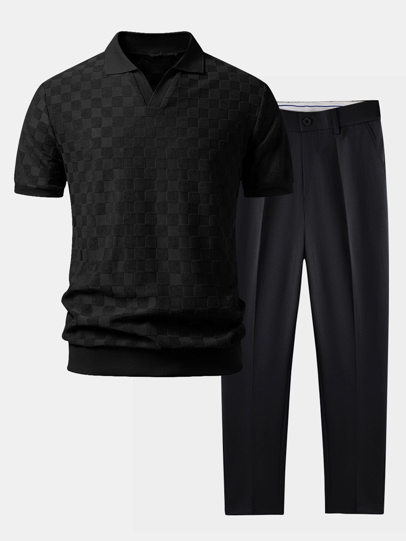 Checkerboard V-Neck Knit Polo & Slim Fit Tapered Trousers