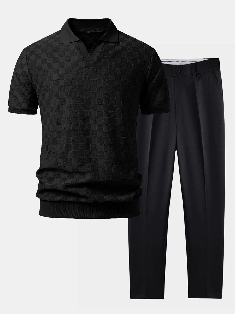 Checkerboard V-Neck Knit Polo & Slim Fit Tapered Trousers