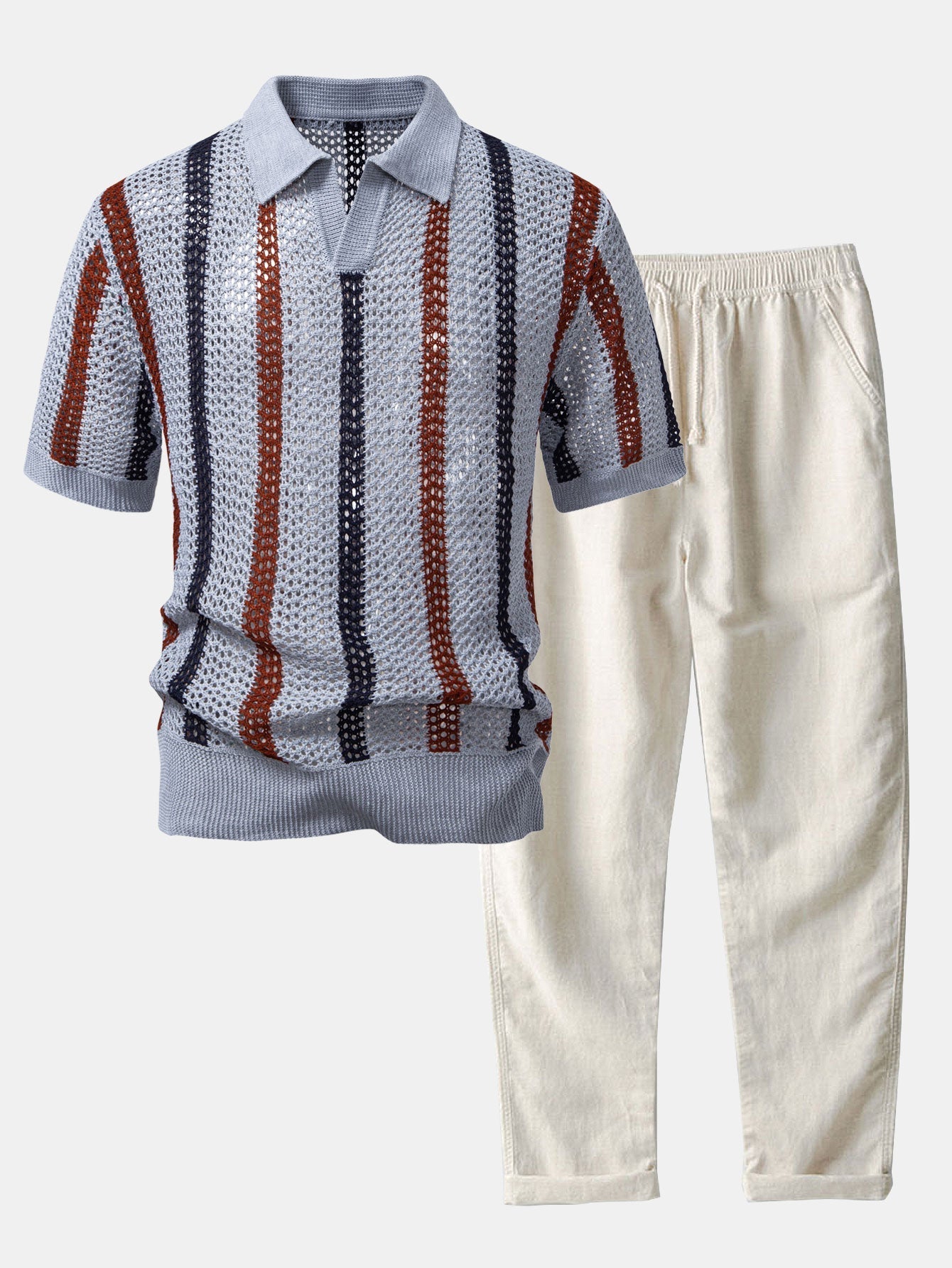 Gestreepte gehaakte V-hals Polo & linnen broek met rechte pijpen
