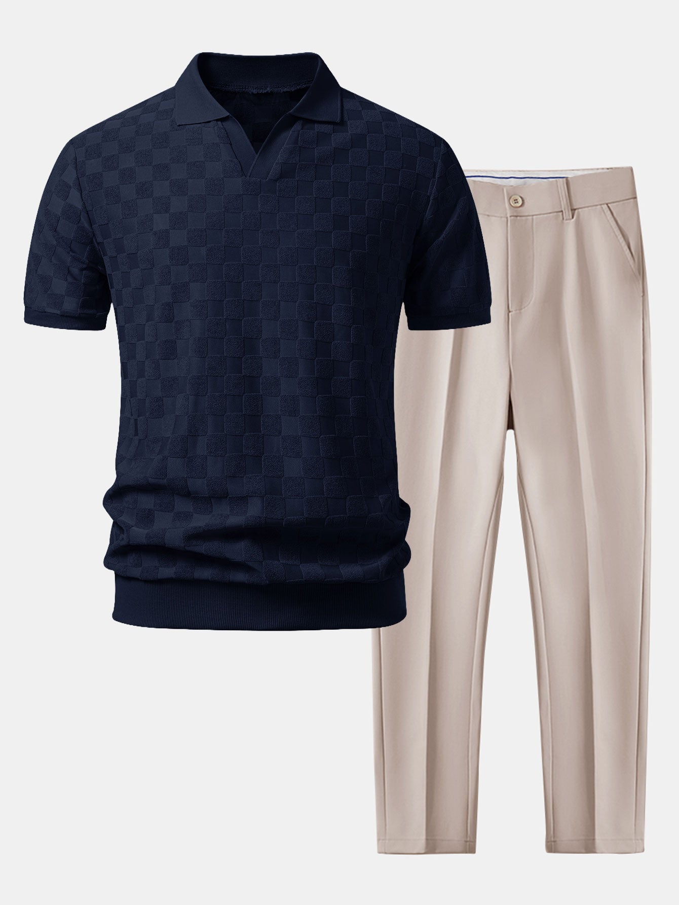 Checkerboard V-Neck Knit Polo & Slim Fit Tapered Trousers