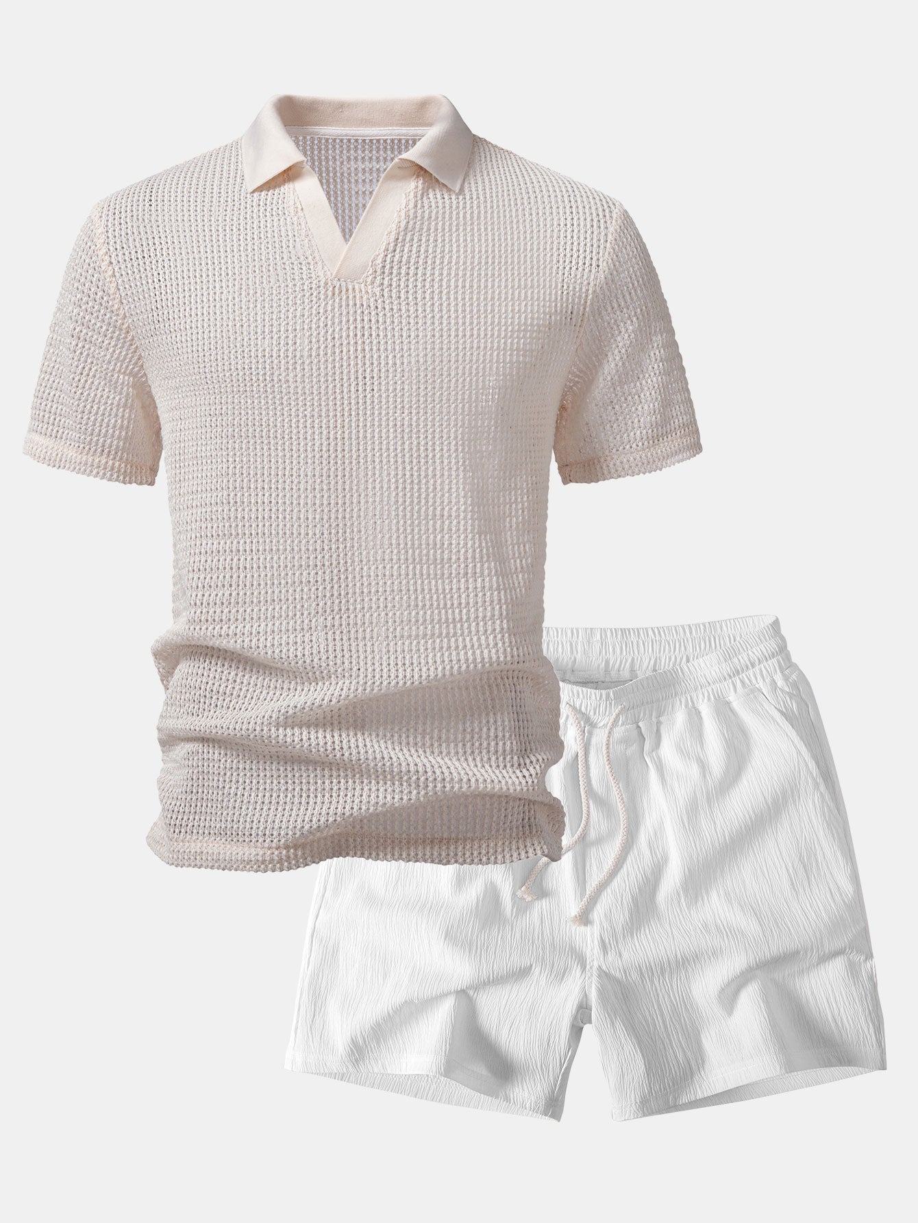 Relax Fit Crocheted V Neck Polo & Crinkle Textured Drawstring 5" Shorts