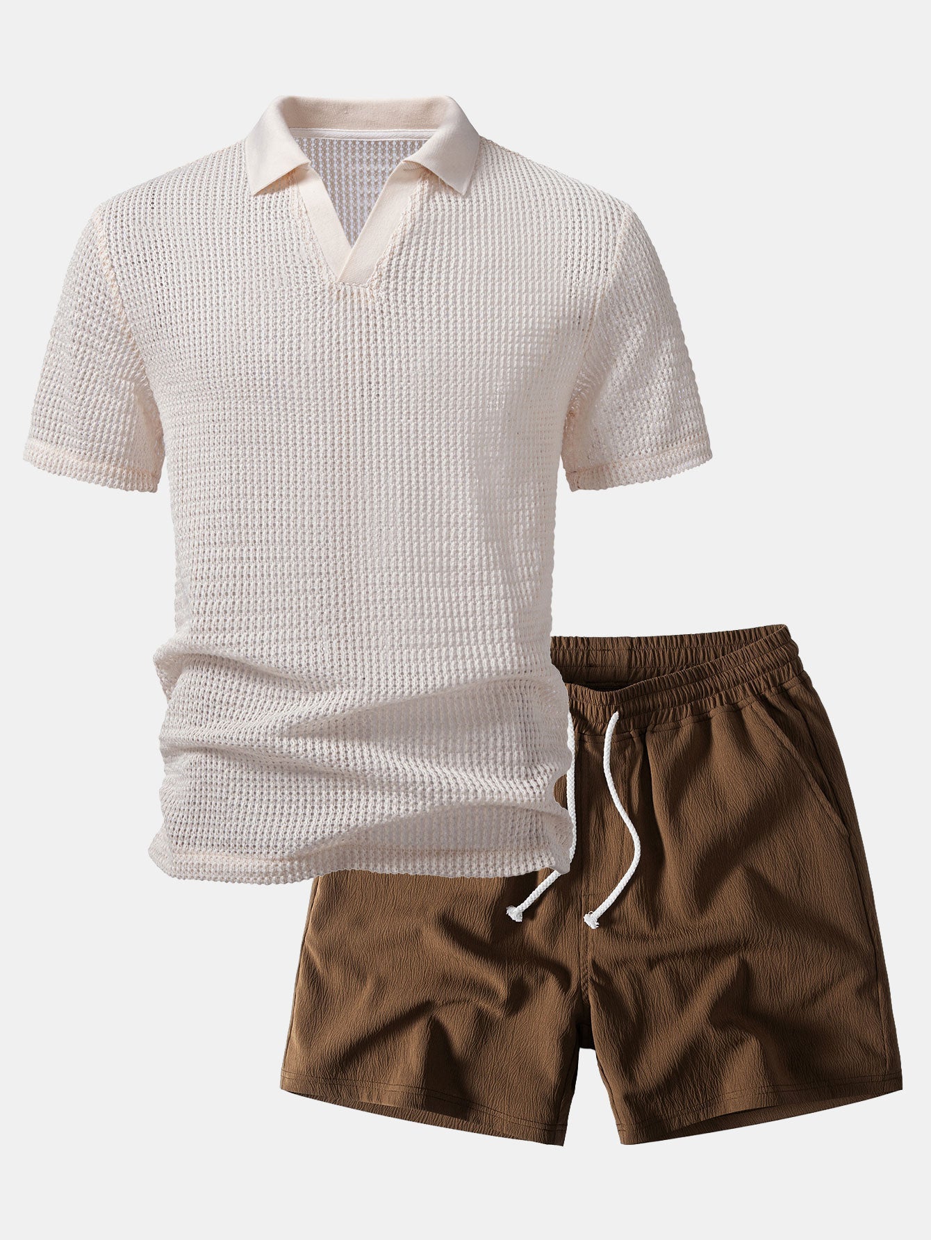 Relax Fit Crocheted V Neck Polo & Crinkle Textured Drawstring 5" Shorts