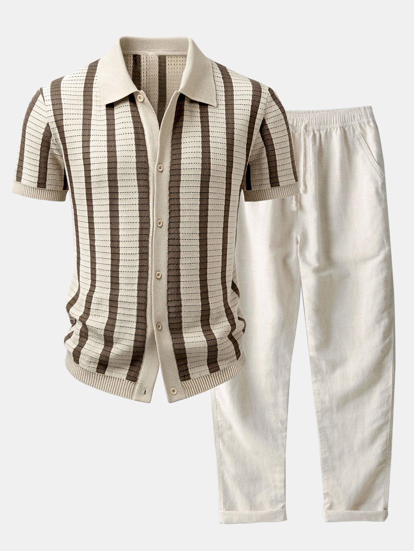 Stripe Button Up Knit Shirt & Straight Leg Linen Pants