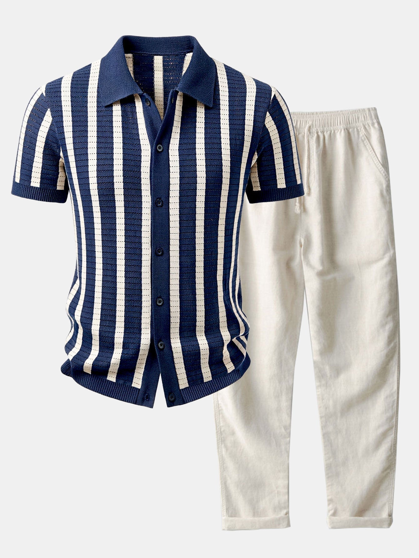 Stripe Button Up Knit Shirt & Straight Leg Linen Pants